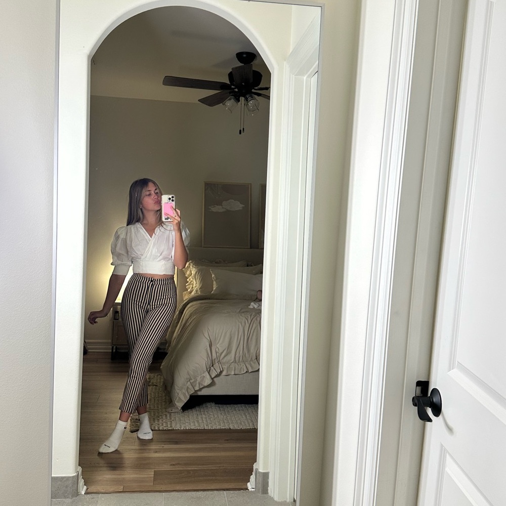 Zara White Blouse and Striped Pants
